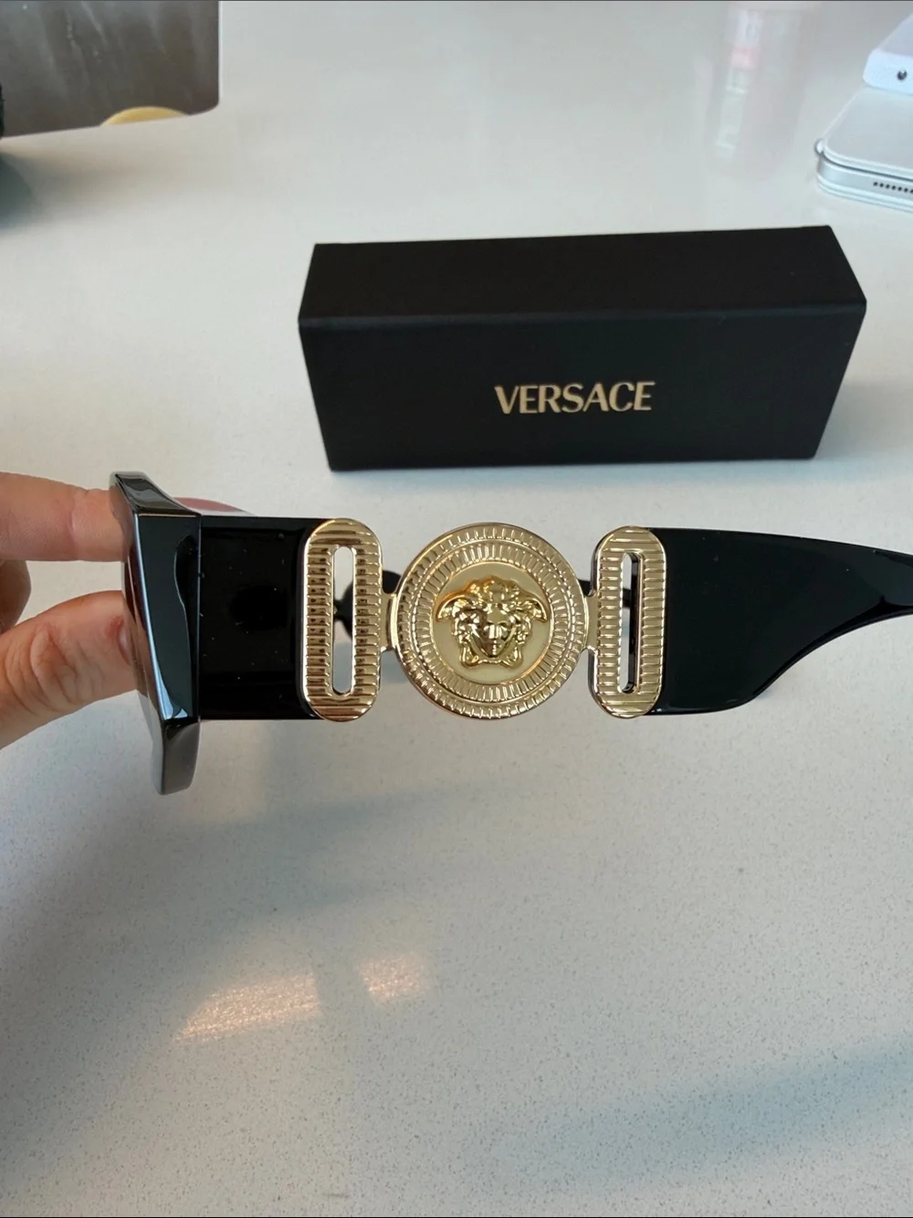 Versace Black Men’s Sunglasses with Gold Medallion Accent
